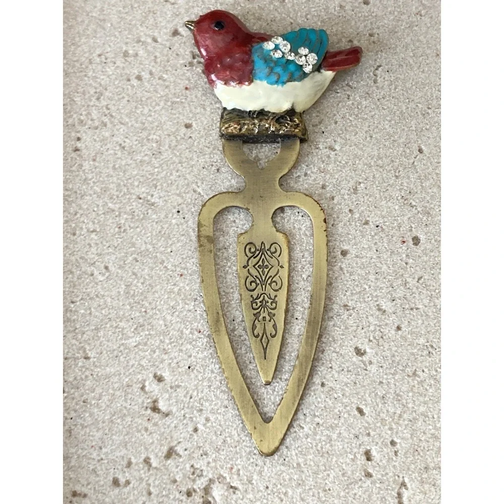 Decorative Metal Bookmark Red Blue Bird Rhinestone Accent Brass‎ Tone Artisan